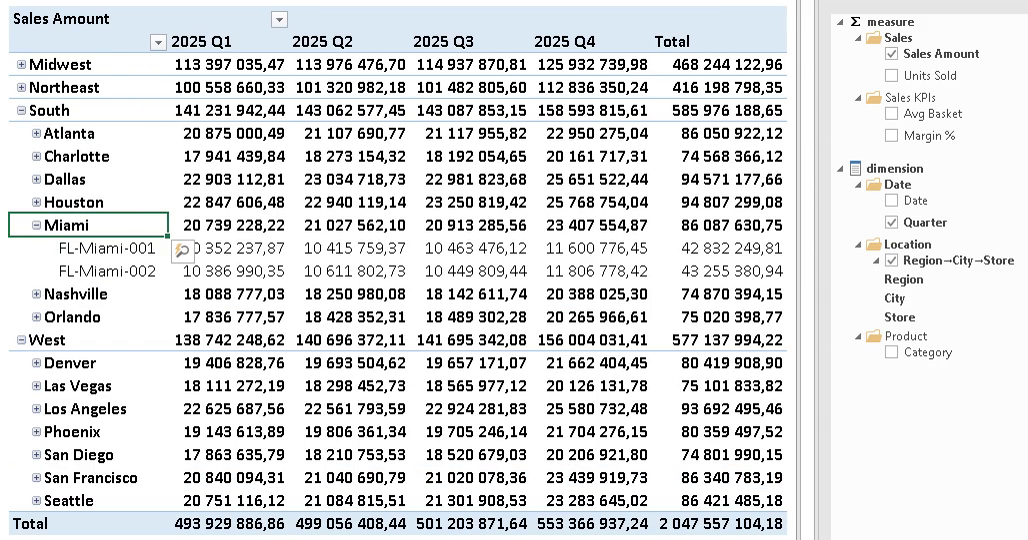 Excel PivotTable exploring billions of rows live on ClickHouse through XLTable
